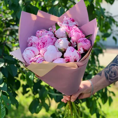 Букет из 15 пионов "Сара Бернар" в крафте