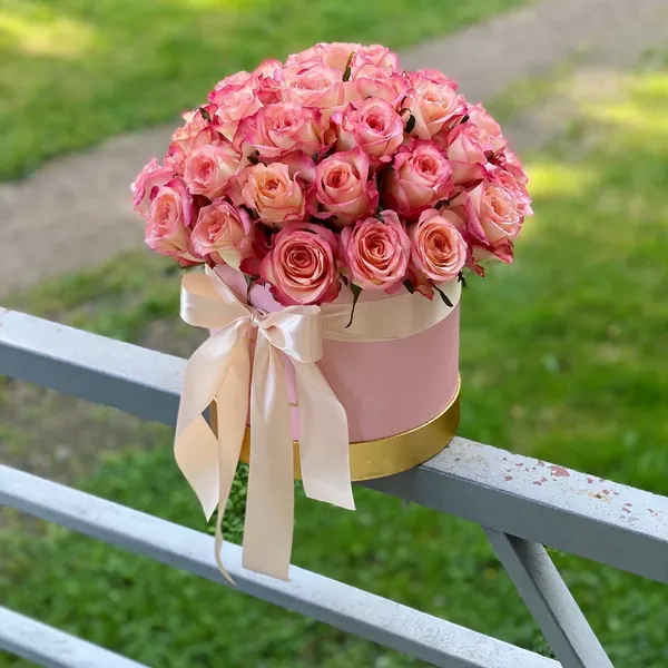 31 розовая роза в шляпной коробке