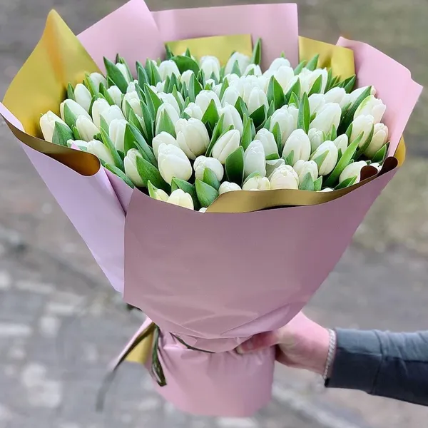 Букет из 75 белых тюльпанов в оформлении