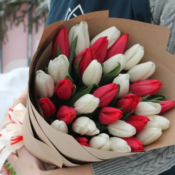 Букет из 35 красно-белых тюльпанов в крафте