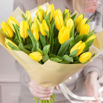 Букет из 25 желтых тюльпанов в оформлении