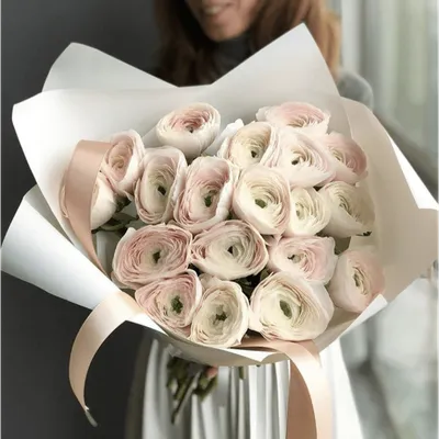 Букет из  19 нежно-розовых ранункулюсов в оформлении