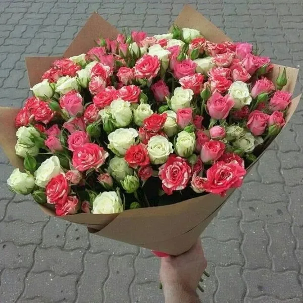 Букет из 15 бело-розовых кустовых роз в оформлении